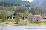 藤琴川対岸から撮影した遺産センター。新緑や桜に囲まれている。